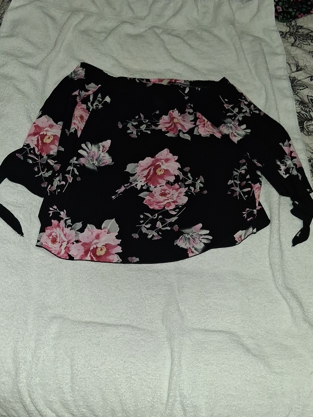 Black Off-Shoulder Blouse with Pink Floral Print